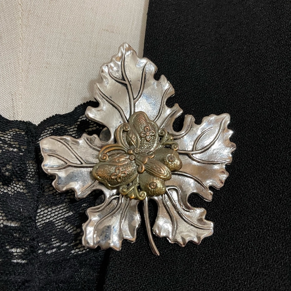 Sylvia Dahl Butterfly on Maple Leaf  Brooch/Clip